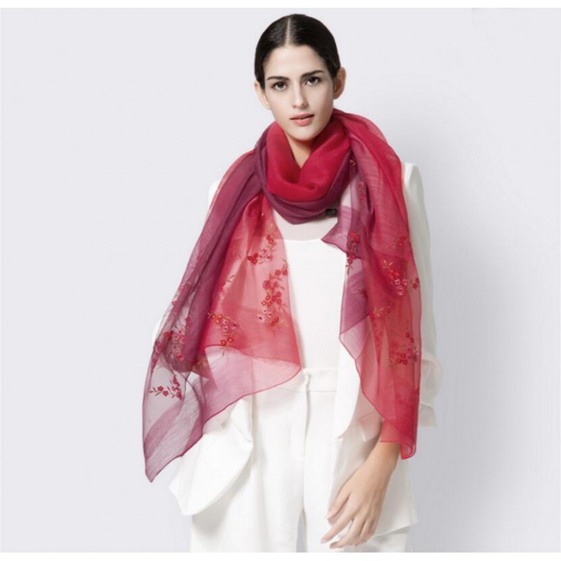 Wool Silk Scaves Red Pinkish Embroidery Women Summer Scarf